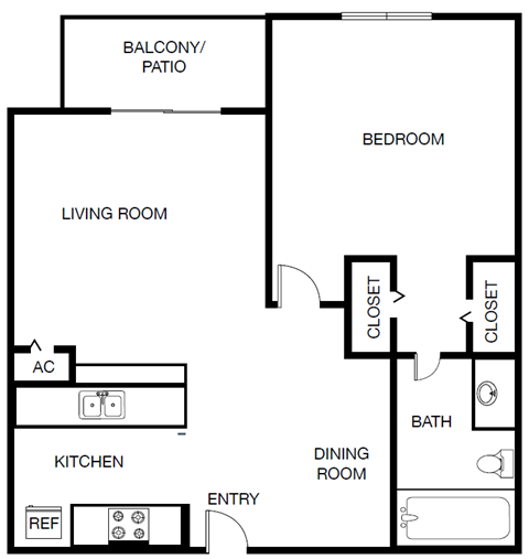 Floor plan for 1 bed, 1 bath, 636 sqft